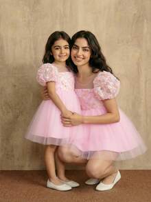 Glamorique Kids 女童花朵花童礼服，3D花瓣袖粉色薄纱公主裙，优雅适合派对、婚礼、庆典 - 粉色 - 查看 1