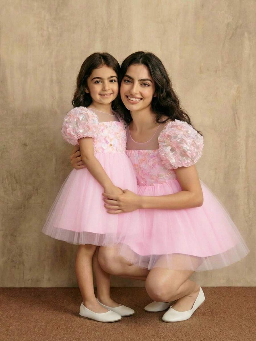 Glamorique Kids 女童花朵花童礼服，3D花瓣袖粉色薄纱公主裙，优雅适合派对、婚礼、庆典 - 粉色 - 查看 1