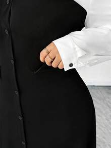 SHEIN Elenzya 女士纯色撞色拼接纽扣装饰长袖翻领连衣裙，春秋季女士大码连衣裙，女士连衣裙，女士教堂礼服，女士正式礼服，惊艳连衣裙 - 黑色 - 查看 5