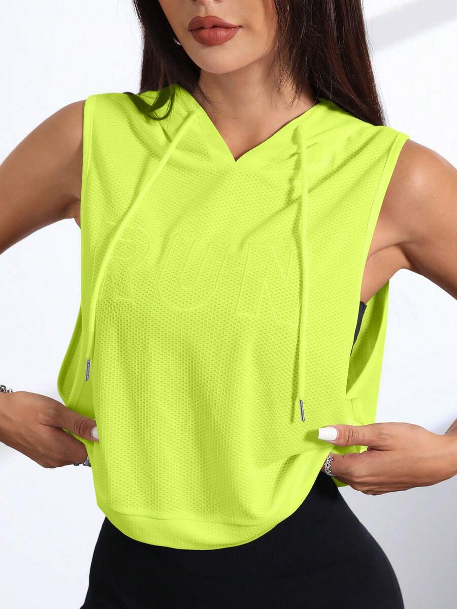 SHEIN Sovereign Charm Women's Fluorescent Green Letter Embroidered Drawstring Sweatshirt Sweatshirt - Yellow - View 1