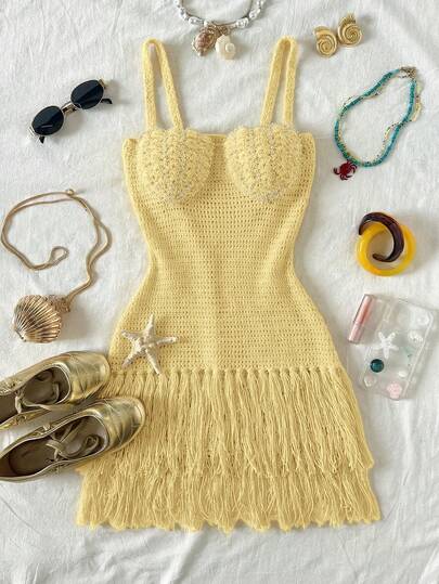 Soleia فستان قصير ضيق بحمالات رفيعة وتنورة مزينة بشرابات على شكل صدفة، طراز بوهيمي، مناسب للعطلات والمناسبات الخاصة مثل عيد الحب، للربيع والصيف