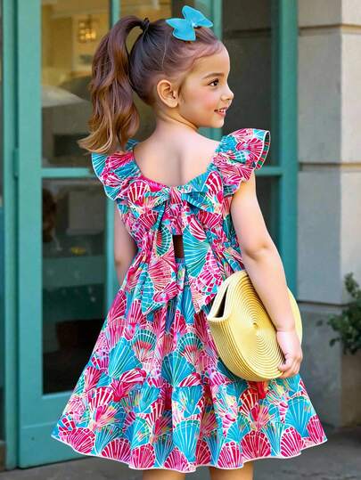 SHEIN Young Girl Tropical Vacation Ruffle Hem Bowknot Decor Dress, Woven,Holiday,Summer,Travel