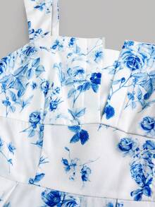 SHEIN Teen Girl Fashionable Elegant Floral Print Dress - Blue and White - View 3