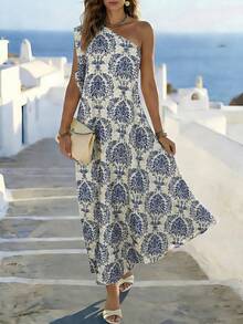 Balvessa Spring/Summer New Asymmetric Shoulder Collar Ruffle Hem Slit Digital Print Fitted Casual Elegant Dress For Women - Multicolor - View 7