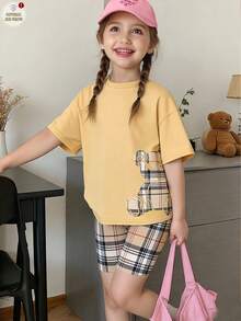 Young Girl Cute Bear Print Short Sleeve Top And Plaid Leggings 2-Piece Set,Summer,Career Day,Back-To-School,Sports Knit Crew Neck Casual School Style - Multicolor - View 1