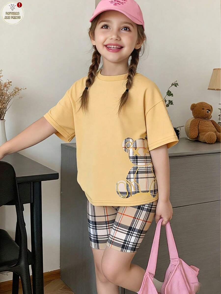 Young Girl Cute Bear Print Short Sleeve Top And Plaid Leggings 2-Piece Set,Summer,Career Day,Back-To-School,Sports Knit Crew Neck Casual School Style - Multicolor - View 1