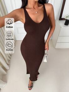 EURMUSE Đầm dệt kim ôm dáng không tay cổ chữ V màu trơn dành cho nữ - màu nâu - Xem 1
