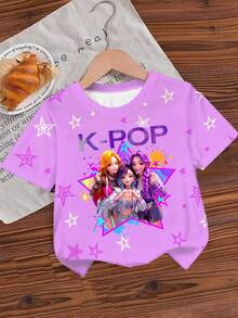 1pc Young Girl Cute Girl Group Purple Floral Heart Allover Print Loose Fit Graphic Tee,Summer School Streetwear Valentine's Day Gift For Girls,Tops - Purple - View 3