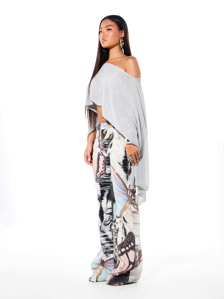SUMWON WOMEN Calça Denim Flare Cintura Baixa Estampa de Borboleta Vintage para Mulheres, Perna Larga Boca de Sino, Calça Casual Estilo Boho Festival Retro Y2K