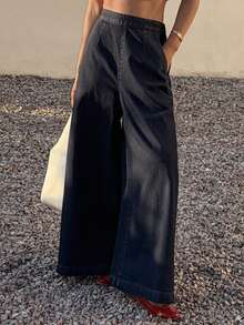 DAZY 女士休闲水洗高腰阔腿牛仔裤 - 藍色 - 查看 5