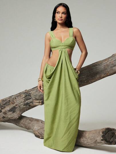 Hauture Bộ jumpsuit vải lanh không tay màu trơn gợi cảm, khoét lỗ, thắt nút xoắn, thích hợp cho nữ, thích hợp cho kỳ nghỉ.