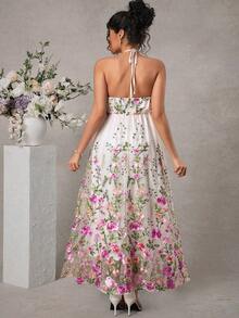 Momance 孕妇A字连衣裙，吊带设计，双层剪裁，带刺绣网纱 - 彩色 - 查看 2