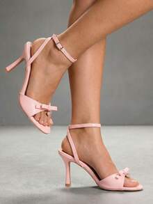 CUCCOO CHICEST 女士粉色PU材质爱心钻石搭扣凉鞋，时尚优雅，适合春夏穿着。优雅圆头踝带细高跟凉鞋。 - 粉色PU - 查看 8