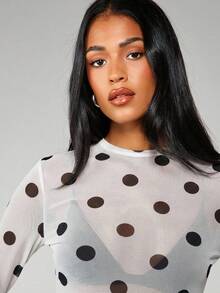 MISSGUIDED Blusa de manga larga con cuello redondo y estampado de lunares, ideal para usar por capas y para uso casual diario - Blanco - Ver 4