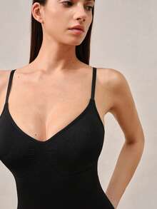 Veilyse 1pc Women's Minimalist Slimming Jumpsuit, Slim Waistline, Korean Style, Suitable As Layering Piece For Carnival Outfits, Tummy Control Bodysuitsfor Summer - Black - View 8