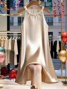 Franclia 女士无袖醋酸纤维铆钉浪漫度假连衣裙 - 杏色 - 查看 3