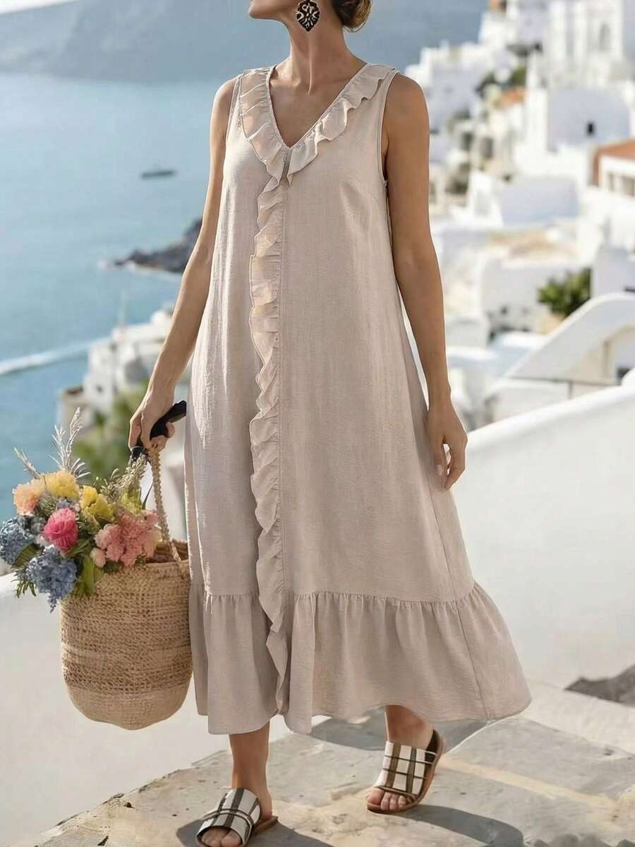 EMERY ROSE Plus Size V-Neck Sleeveless Ruffle Hem Dress - Apricot - View 1