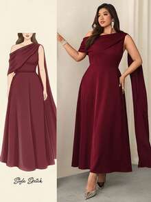 Firerie 女士优雅浪漫精致不对称领褶裥连衣裙，长袖，修身剪裁，红色，女士粉彩色连衣裙 - 紅色 - 查看 1