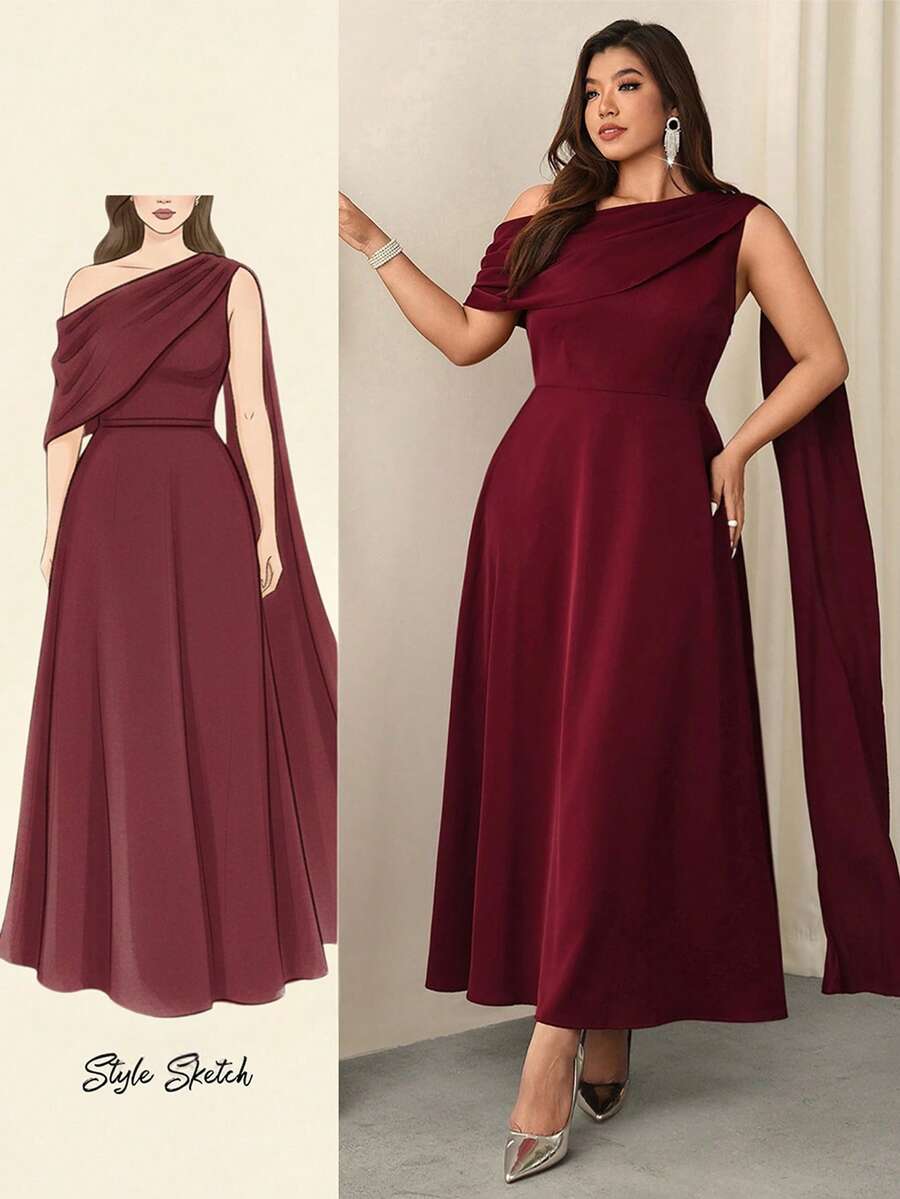 Firerie 女士优雅浪漫精致不对称领褶裥连衣裙，长袖，修身剪裁，红色，女士粉彩色连衣裙 - 紅色 - 查看 1