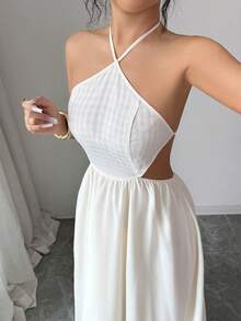 SHEIN Elenzya 女士优雅休闲通勤性感度假镂空露背吊带修身长裙 - 杏色 - 查看 6