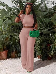 Slaydiva Nuevo conjunto de 2 piezas de estilo deportivo casual básico para primavera y verano, con camiseta de cuello redondo de manga corta y pantalones anchos y extra largos de textura de rayas de color rosa rojo, de tela de punto para mujer - Rosa vieja - Ver 6