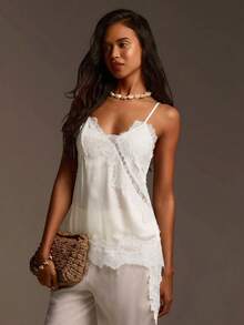 Athîral 女士休闲不对称吊带露肩无袖浪漫性感蓝色蕾丝上衣 - 杏色 - 查看 4