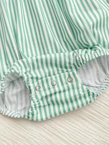 新生女宝宝可爱夏季休闲度假条纹荷叶边无袖连体衣 - 綠色 - 查看 4
