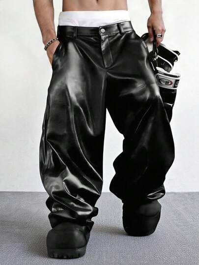 PAVTROS Men's Black PU Leather Pants, Loose Fit Fashion Versatile Trousers