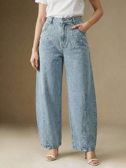 Anewsta Women's Washed Blue Spring Jeans, American Loose Wide-Leg Flared Jeans With Rhinestone And Pearl Decor