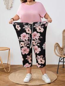 SHEIN CURVE+ Plus-Size Women's Pink Raglan Top T-Shirt And Floral Print Pants, A Two Pieces Set Suitable For Spring And Summer - Multicolor - View 4