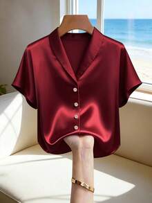 INAWLY Eleganter Mode-Satin-Cardigan mit Perlknöpfen, geeignet für Urlaub, Pendeln und Reisen, Damen Kurzarm Bluse, Frühling/Sommer - Bordeaux - Übersicht 5