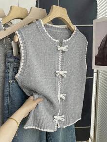 Franclia New Korean Design Contrast Stitching Layered Knit Vest For Women, Fashionable Sleeveless Cardigan Top For Autumn/Winter - Light Grey - View 7