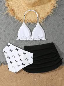 SHEIN 少女三件套比基尼套装，蝴蝶结印花，包含泳衣上衣、泳裤和裙子，时尚优雅，适合游泳、度假和夏季穿着。黑白配色，粉色蝴蝶结泳衣，沙滩套装，三件套比基尼，三件套泳衣套装，少女泳装，两件套裙装，蝴蝶结印花泳衣，带裙泳装，少女两件套保守泳衣，女孩夏季服装，女孩比基尼，女孩沙滩装，女孩泳裙。 - 黑與白 - 查看 2