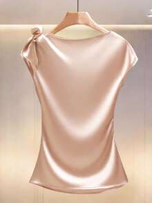 Modelyn Blus Elegan Satin Warna Polos dengan Lipit dan Pita di Pinggang - Baby Pink - View 2