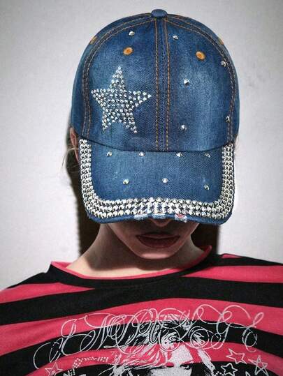 ROMWE Grunge Punk 1 Gorra con remache de rhinestone, gorra de béisbol casual de primavera con diamante lateral en forma de estrella de cinco puntas, adecuada para uso diario, fiesta, festival de música