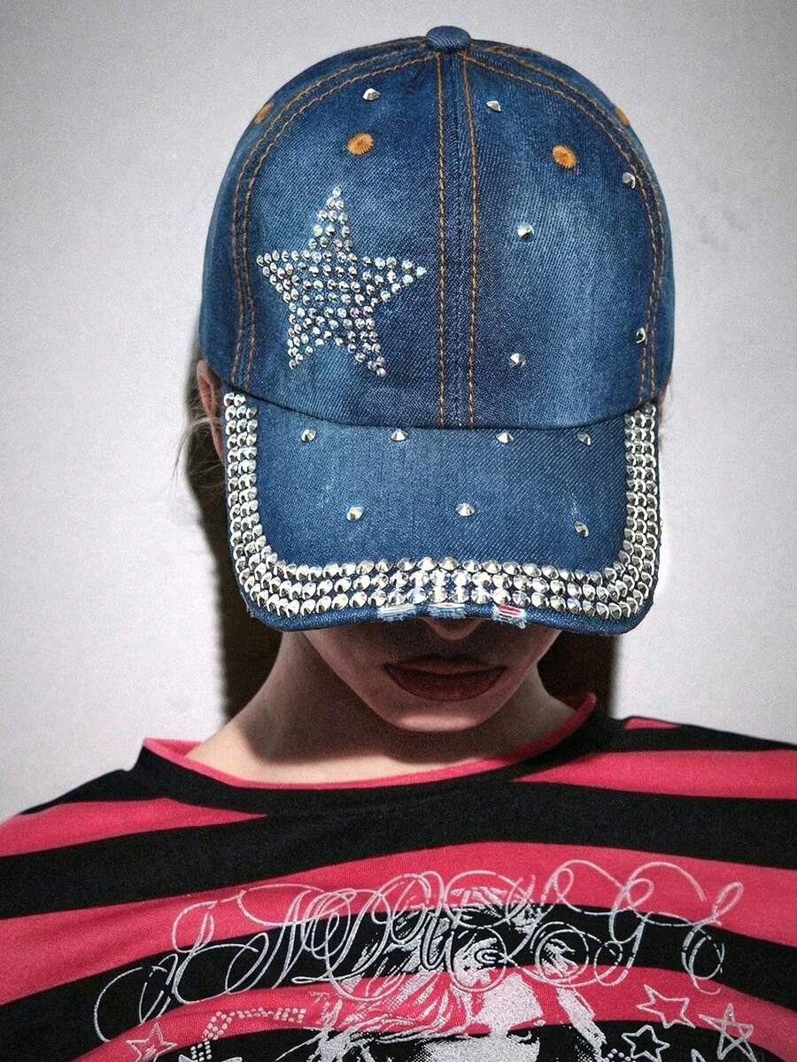 ROMWE Grunge Punk 1. Mũ lưỡi trai đính đá, kiểu dáng thường ngày, họa tiết ngôi sao năm cánh đính đá lấp lánh, thích hợp cho mặc hàng ngày, dự tiệc và lễ hội âm nhạc. - Bên sao màu xanh - Xem 1