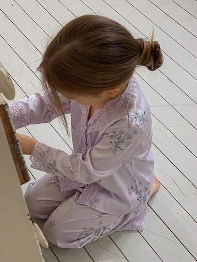 DAZY Young Girl Floral Print Lace Patchwork Top And Pants Loungewear Set