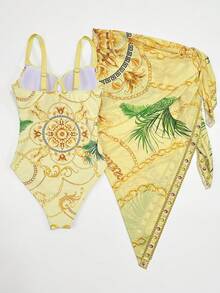 Swim Vcay 印花细肩带聚拢连体泳衣，带钢圈，搭配打结迷你裙套装 - 彩色 - 查看 2