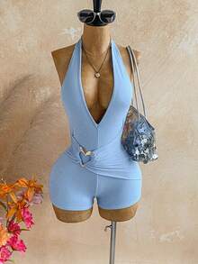 Soleia Halter Neck Tie Ruched Metal Decor Romper,Baby Blue,Summer,Casual,Beach,Holiday,Vacation,Holiday,Boho Floral Summer Outfit For Women,Party - Blue - View 6