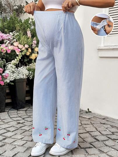 SHEIN Pantalon de maternité casual, vacances et trajets, imprimé à rayures de cerises, taille ajustable, ample et jambes larges