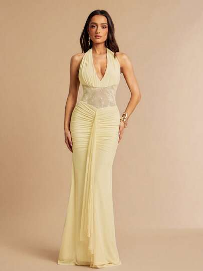 Silquee 女士V领露背系带蕾丝荷叶边优雅收腰派对连衣裙