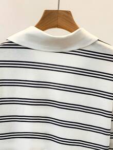 GlowEve 女士短袖半拉链休闲条纹T恤，夏季百搭 - 彩色 - 查看 3