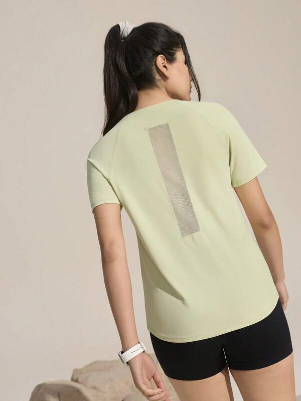 Exploreva Women's New Elastic Mesh Patchwork Light Green Short Sleeve T-Shirt