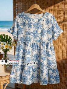 SHEIN CURVE+ Áo kiểu nữ dáng suông US22, họa tiết hoa, cổ tròn, viền bèo nhún, thích hợp cho lễ hội âm nhạc, kỳ nghỉ bên bờ biển, phong cách Bohemia. - Xanh và trắng - Xem 9