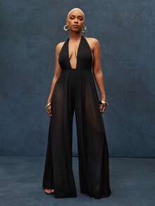 Bộ jumpsuit lưới dày dặn, cổ khoét sâu, lưng hở, kiểu yếm, ống rộng. - màu đen - Xem 4