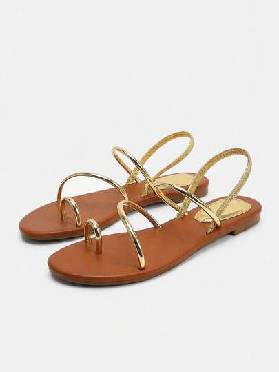 Lumivelle 女士腳趾環設計露跟丁字褲魅力四射金色平底涼鞋