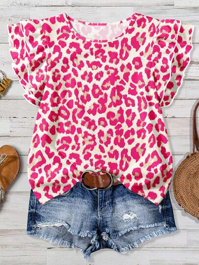 SHEIN Clasi Casual Minimalist Style Pink Leopard Print Ruffle Hem Women Shirt, Suitable For Spring & Summer
