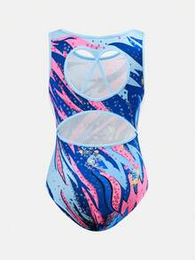SHEIN Tween Girls' Casual Sports Gymnastics Yoga Shiny Elegant Print High Stretch Knit Backless Jumpsuit, Gymnastics Leotard - Blue - View 3