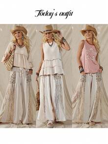 Wildy Phong cách lễ hội âm nhạc Boho, trang phục thường ngày kiểu miền Tây, chất liệu ren và hoa, phối hợp nhiều mảnh, dành cho nữ mùa xuân/hè. Quần ống rộng thoải mái, thích hợp mặc hàng ngày, đi làm, đi nghỉ mát, bộ đồ Boho cho nữ, trang phục đi biển, trang phục mùa hè cho nữ, quần áo lấy cảm hứng từ Free People. - Màu be - Xem 3
