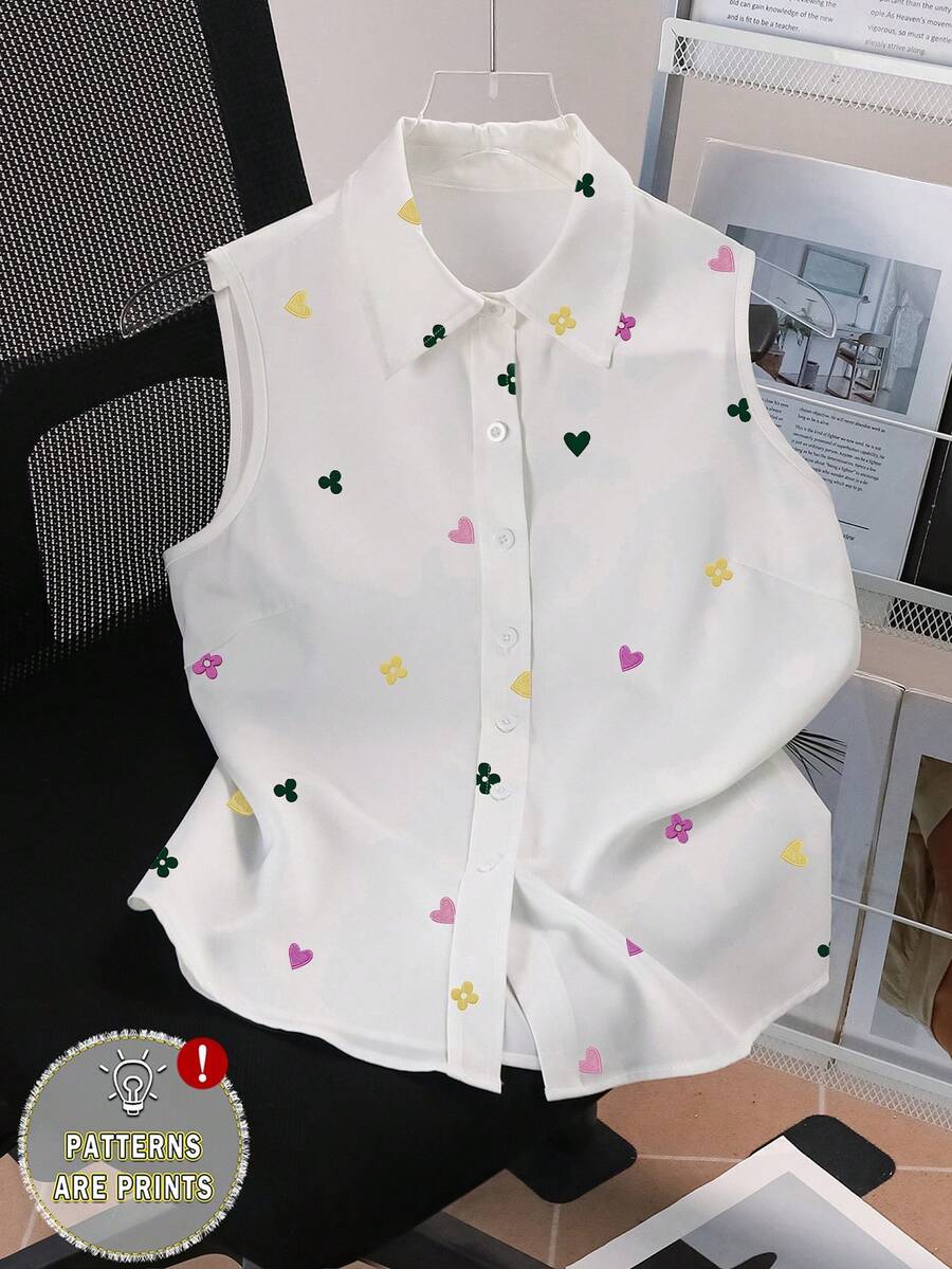 Resyla 女士无袖衬衫，心形花朵印花图案，优雅迷人，夏季休闲户外上衣，时尚设计，适合日常穿着、户外活动、购物和旅行。 - 白色 - 查看 1